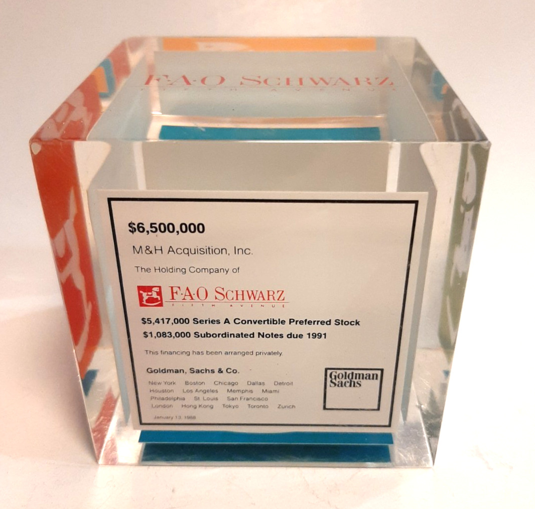 1988 Lucite Paperweight FAO Schwarz M&H Acquisition Goldman Sachs