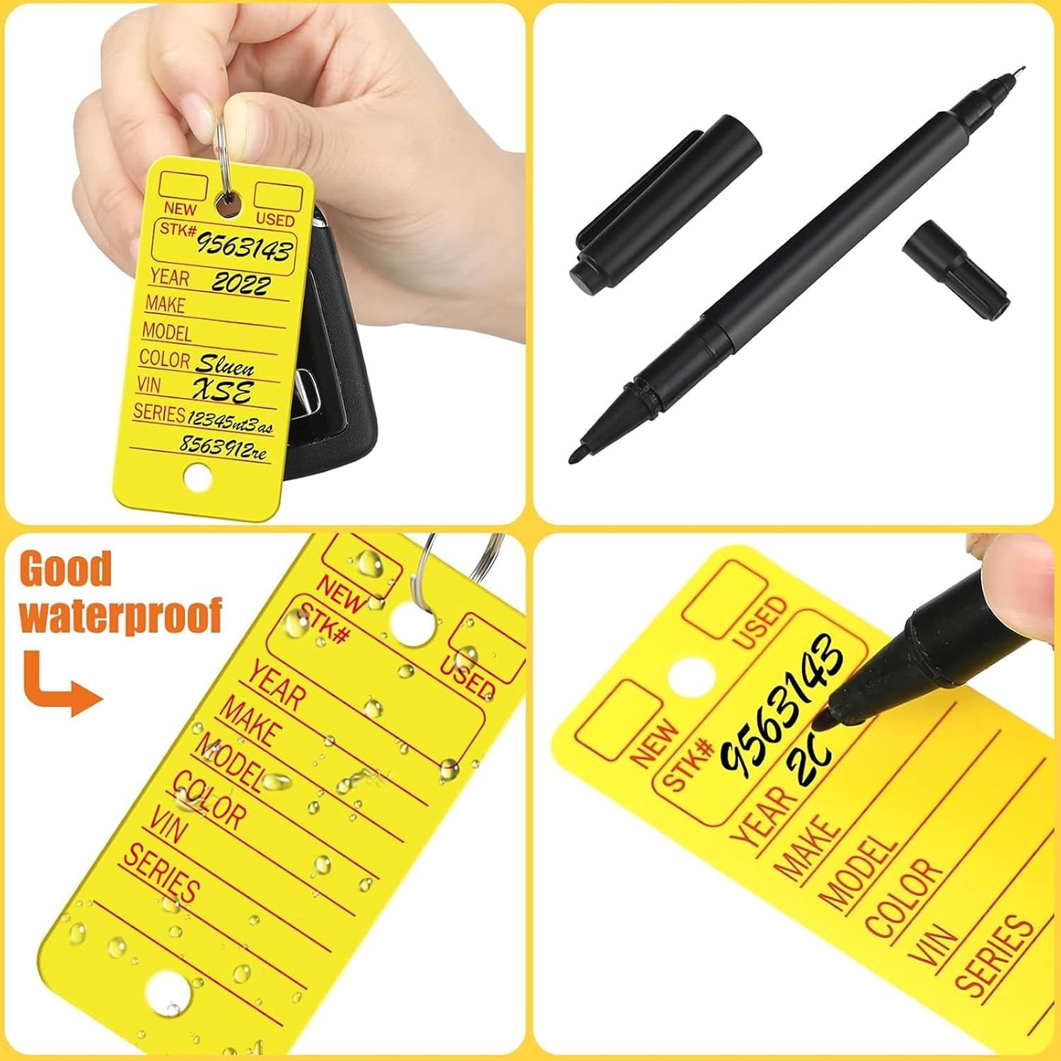 200 Pcs Poly Car Key Tags with 200 Pcs Rings and 2 Markers, Plastic Key Ring