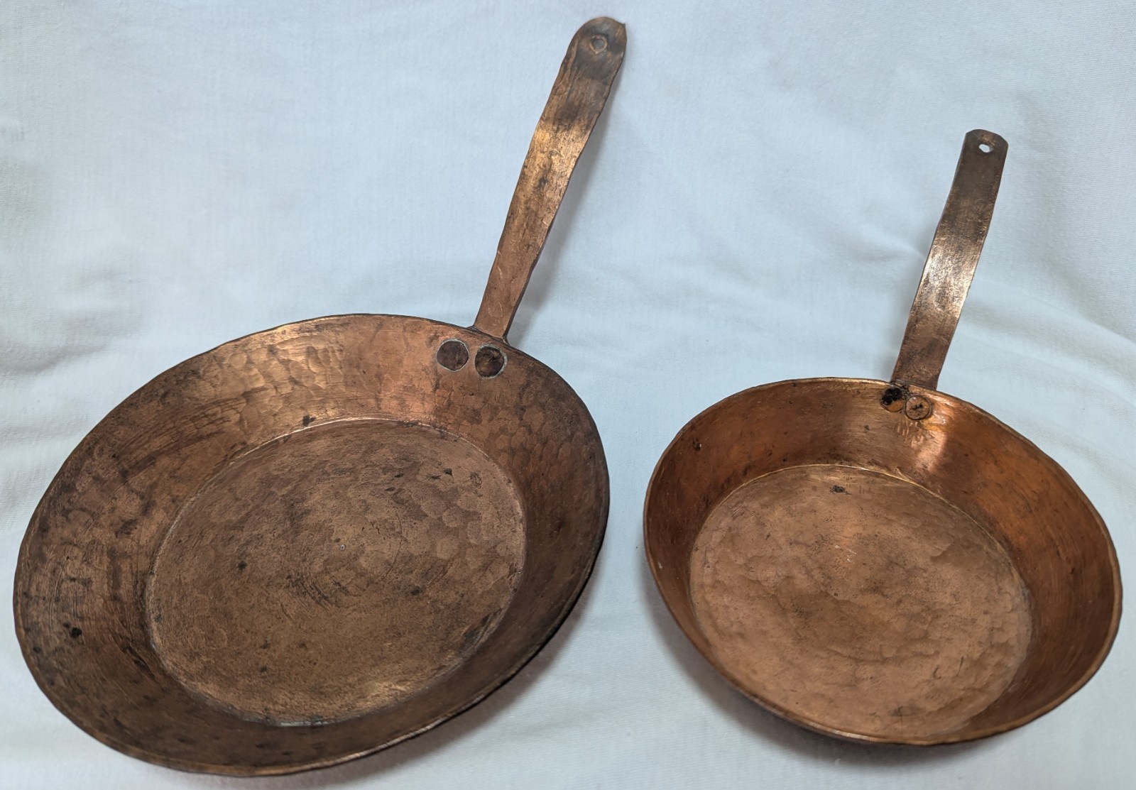 Two Primitive Hand Forged Hammered Solid Copper Fry Pans Riveted Handles