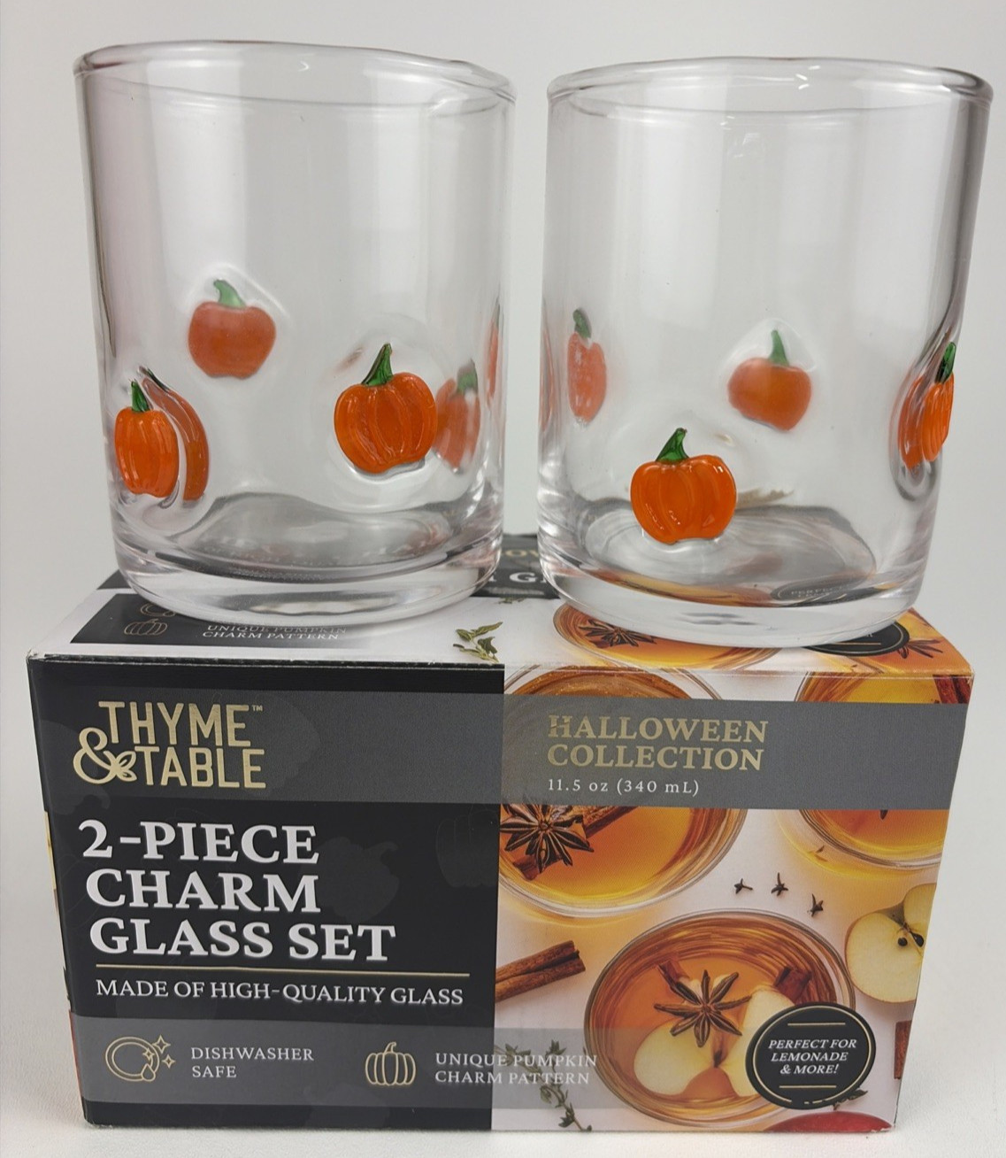 Thyme & Table 11.5 oz Halloween Collection Pumpkin Charm Drinking Glasses 2 Pc