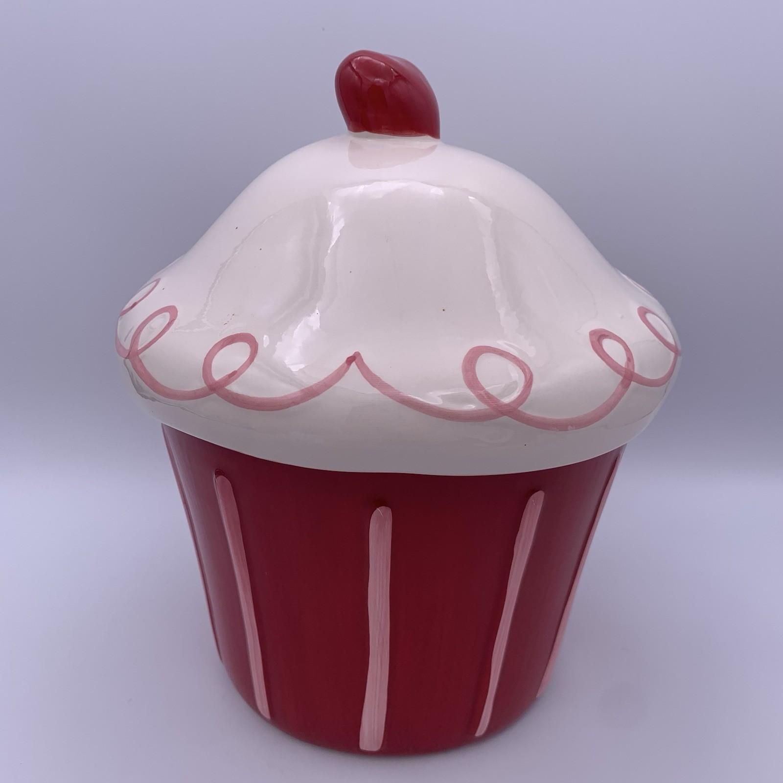 New TAG Cupcake Cookie Jar Ceramic Red Treat Container Cherry Sweets Bakery