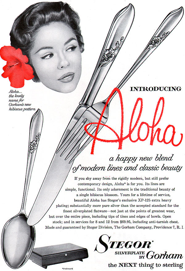 Aloha Stegor Silverware by Gorham HIBISCUS PATTERN Original 1955 Magazine Ad