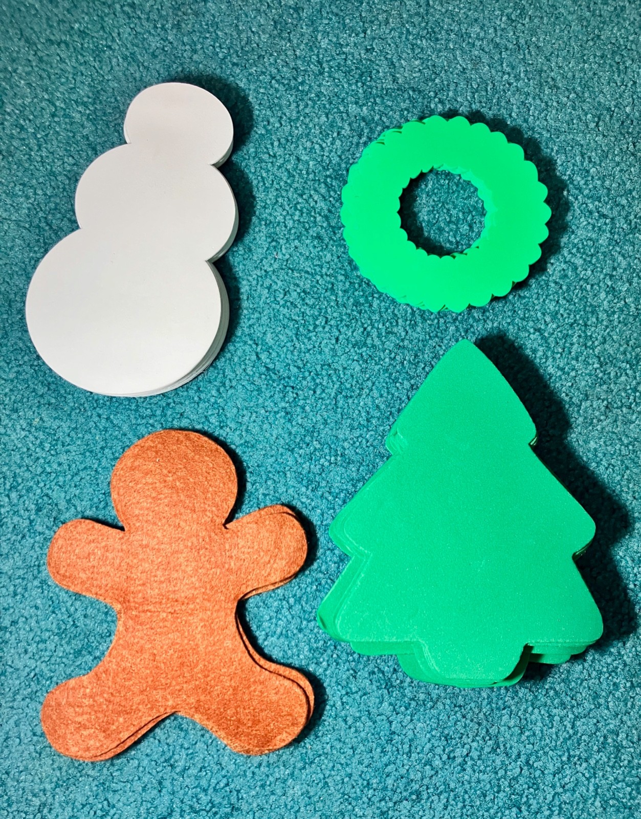 Foam snowman, christmas tree, and wreath and felt gingerbread man