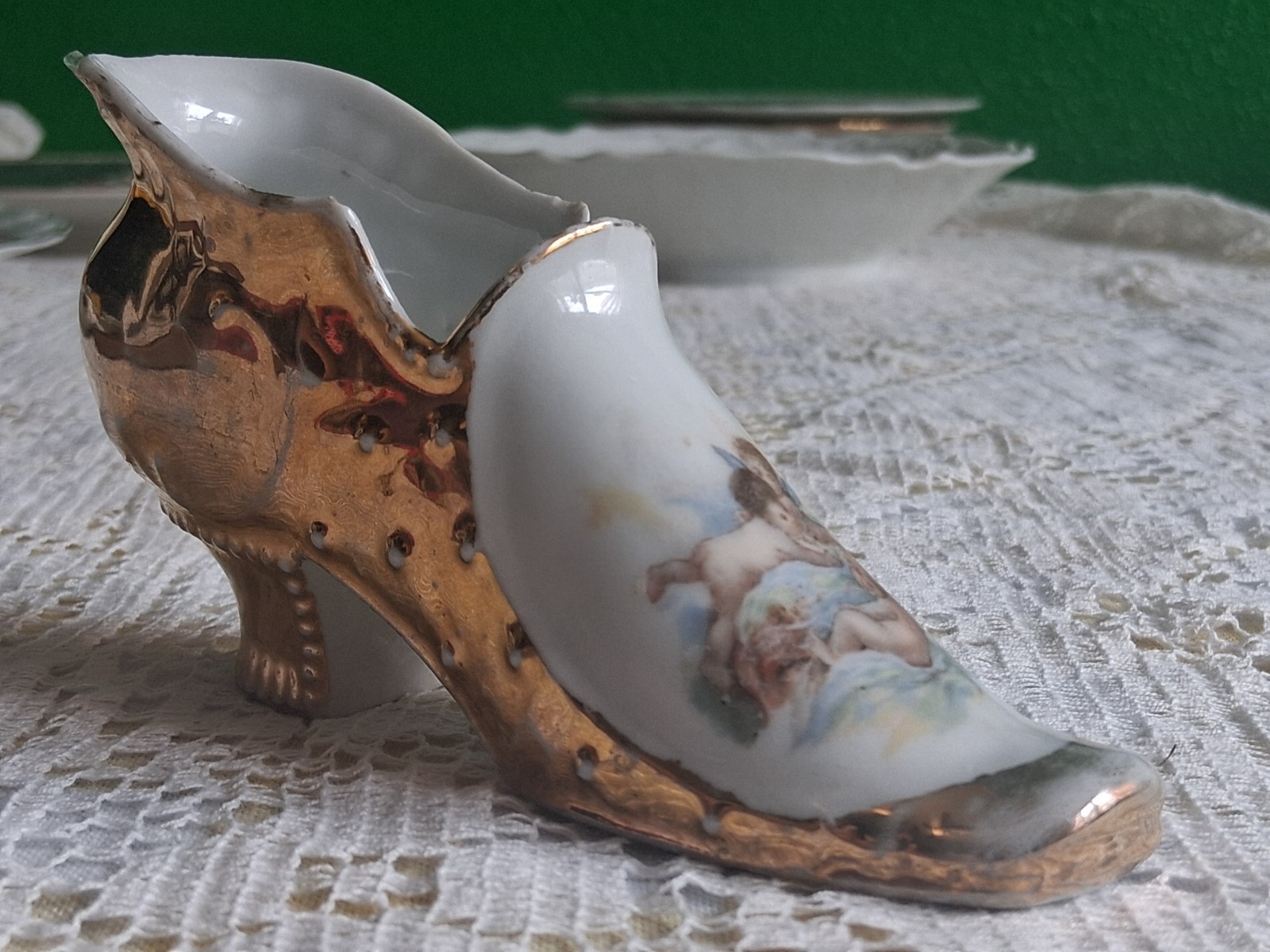 Antique Porcelain Shoe Figurine Made in Germany Cherubs Marie Antoinette