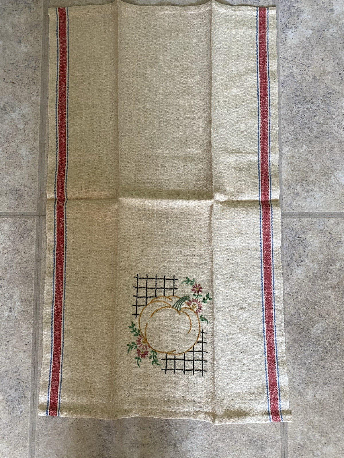 Vtg Linen Kitchen Dish Towel W/ Red Blue Stripes Pumpkin Embroidery FREE SHIP