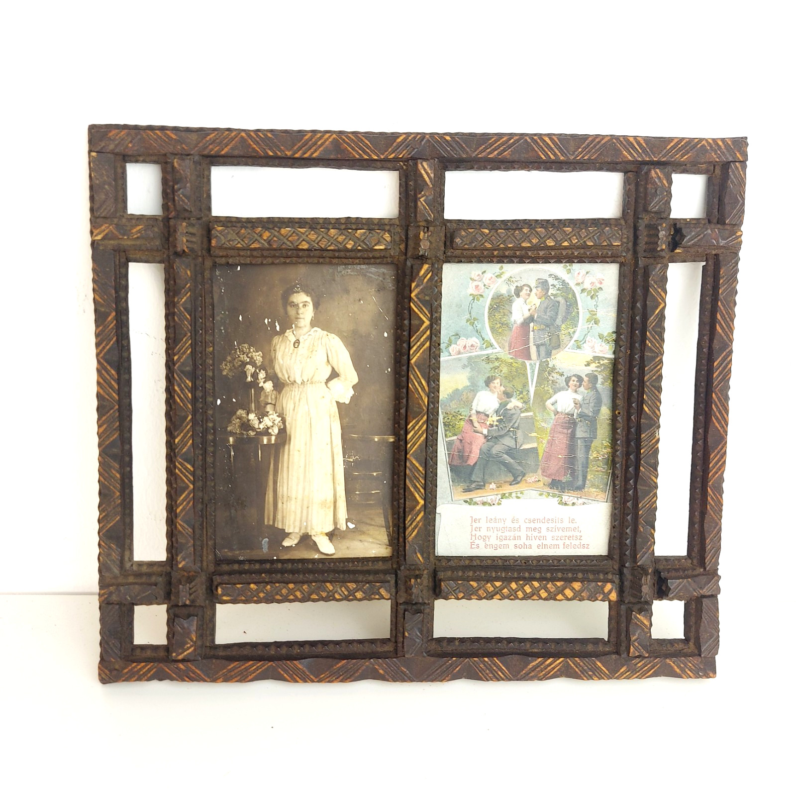Vintage Tramp Art frame with two openings, Folk Art, c.1910s Austria-Hungary