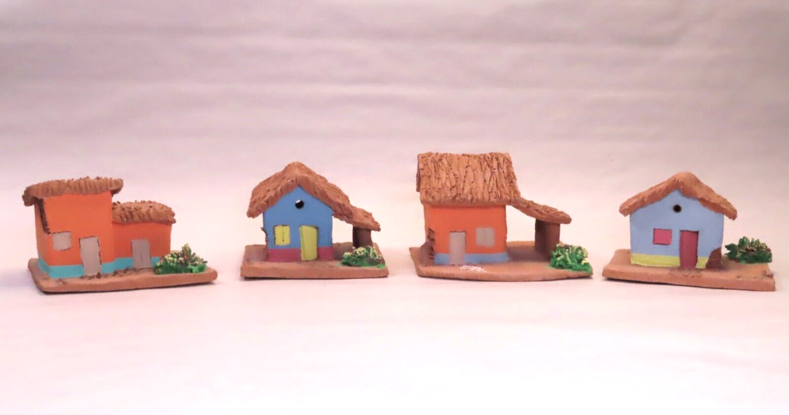 (4) Small Vintage Handcrafted Painted Terra Cota Clay House Folk Art Decor 2″