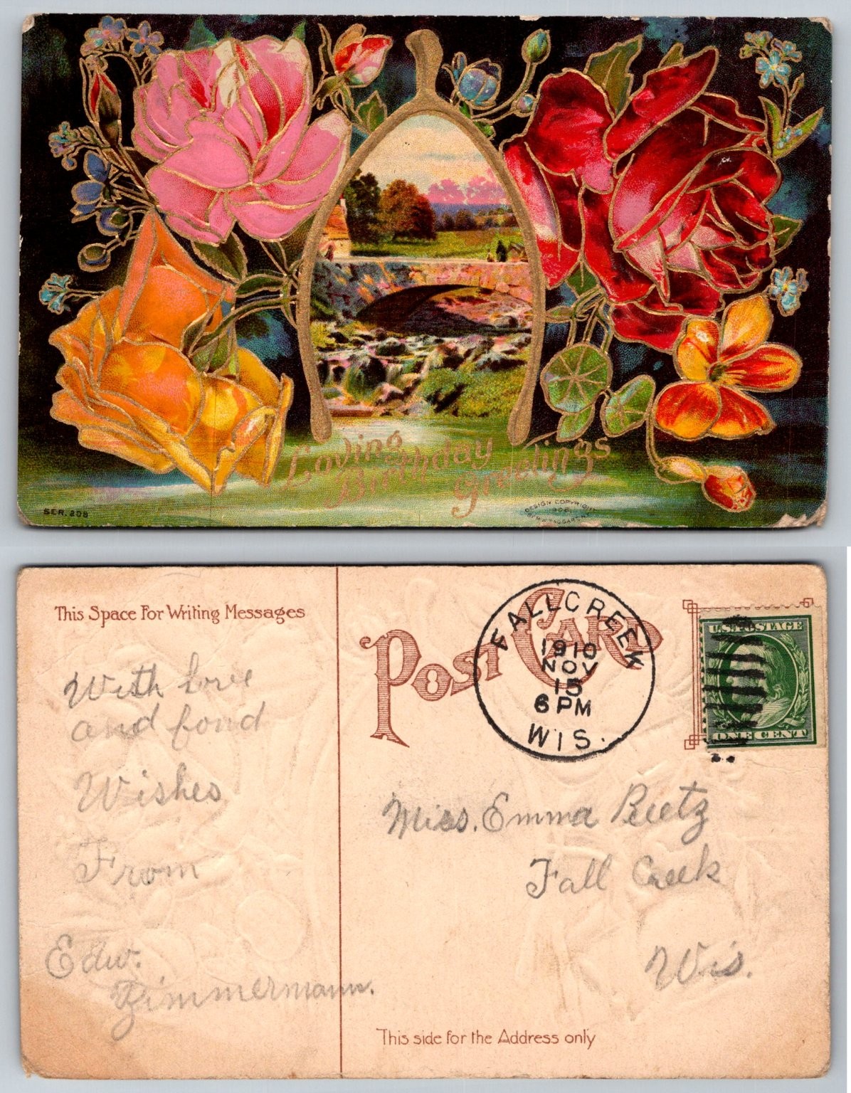 1910 Embossed Floral Roses Wishbone Postcard Fall Creek Wisconsin Postmarked