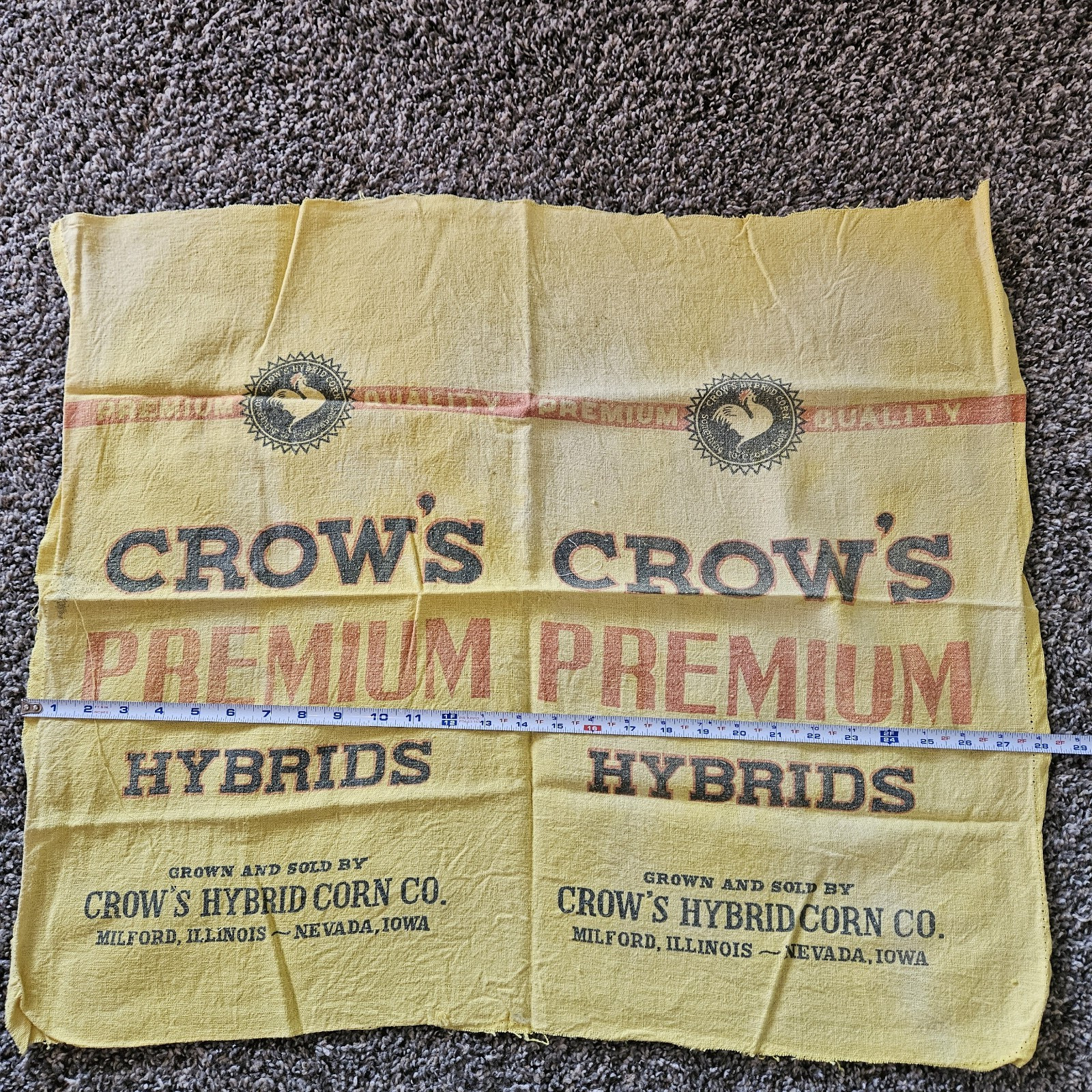 Vtg Crow’s Premium Hybrid Seed Corn Sack Bag Yellow Nevada Iowa Milford Illinois