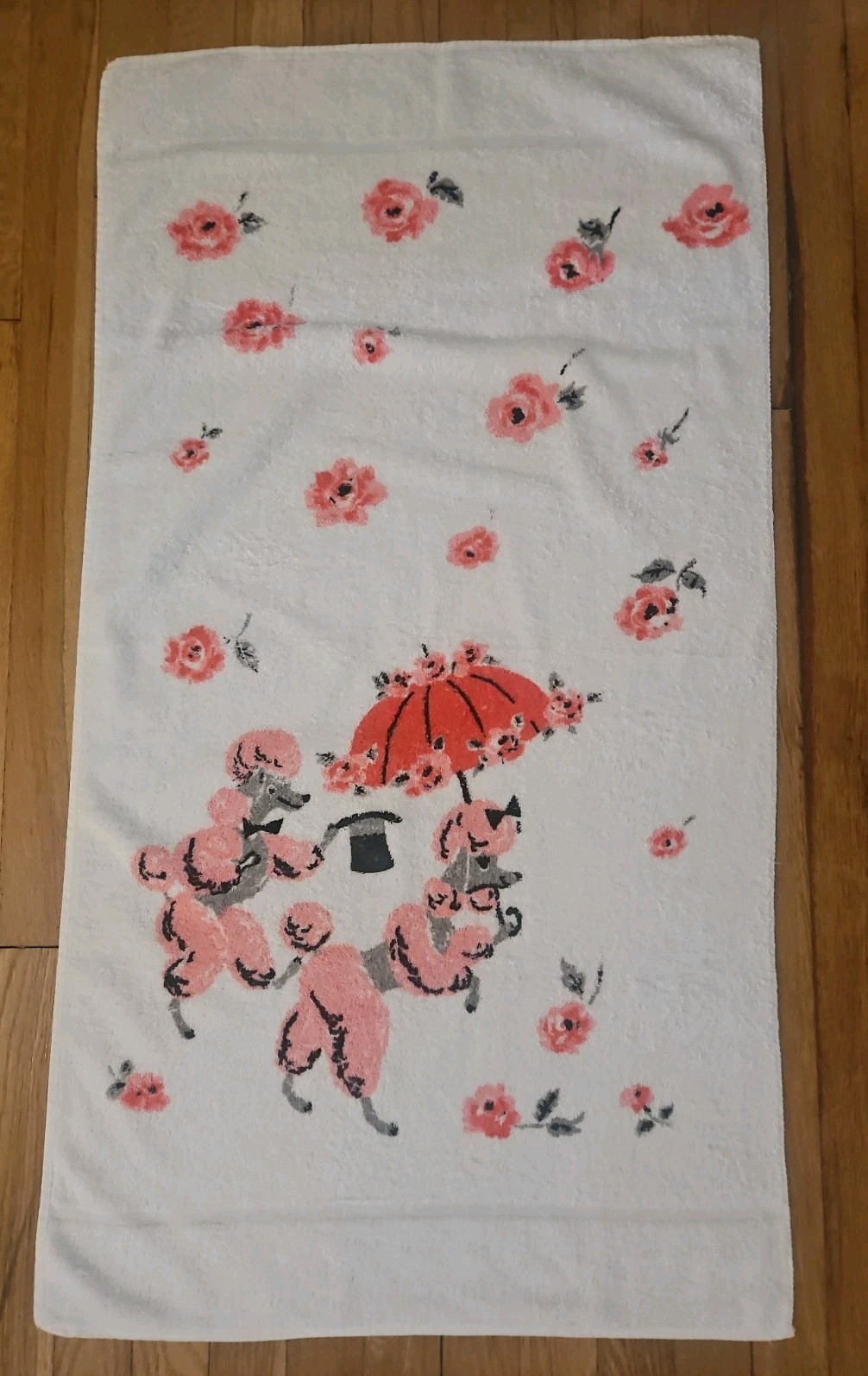 Vintage Pink Poodle With Umbrella Top Hat & Roses Harmony House Bath Towel