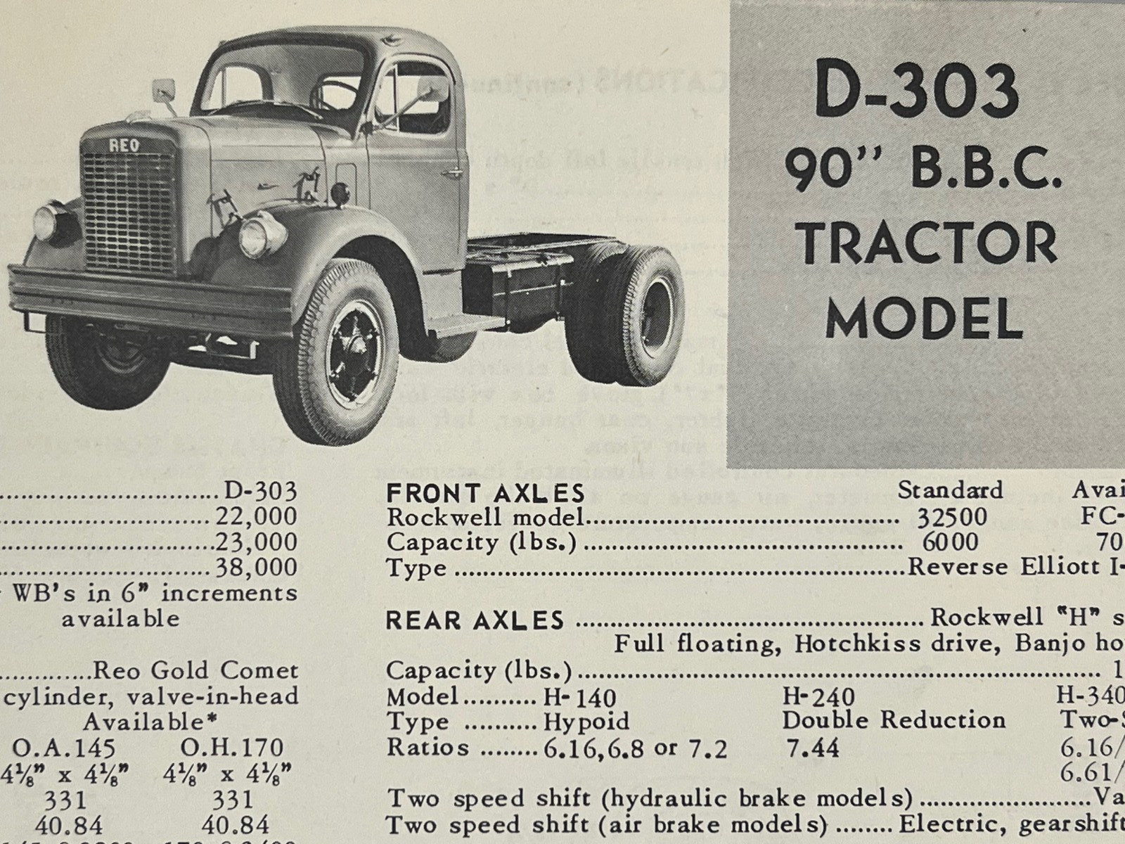 1961 REO Model D-303 4-Wheel 90″ BBC Tractor Semi Truck Specifications Brochure