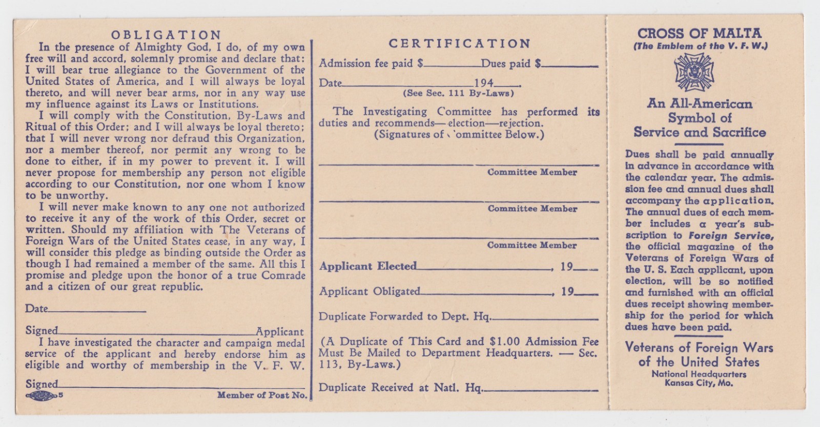 Vintage VFW Member Application Card Veterans of Foreign Wars Paperwork