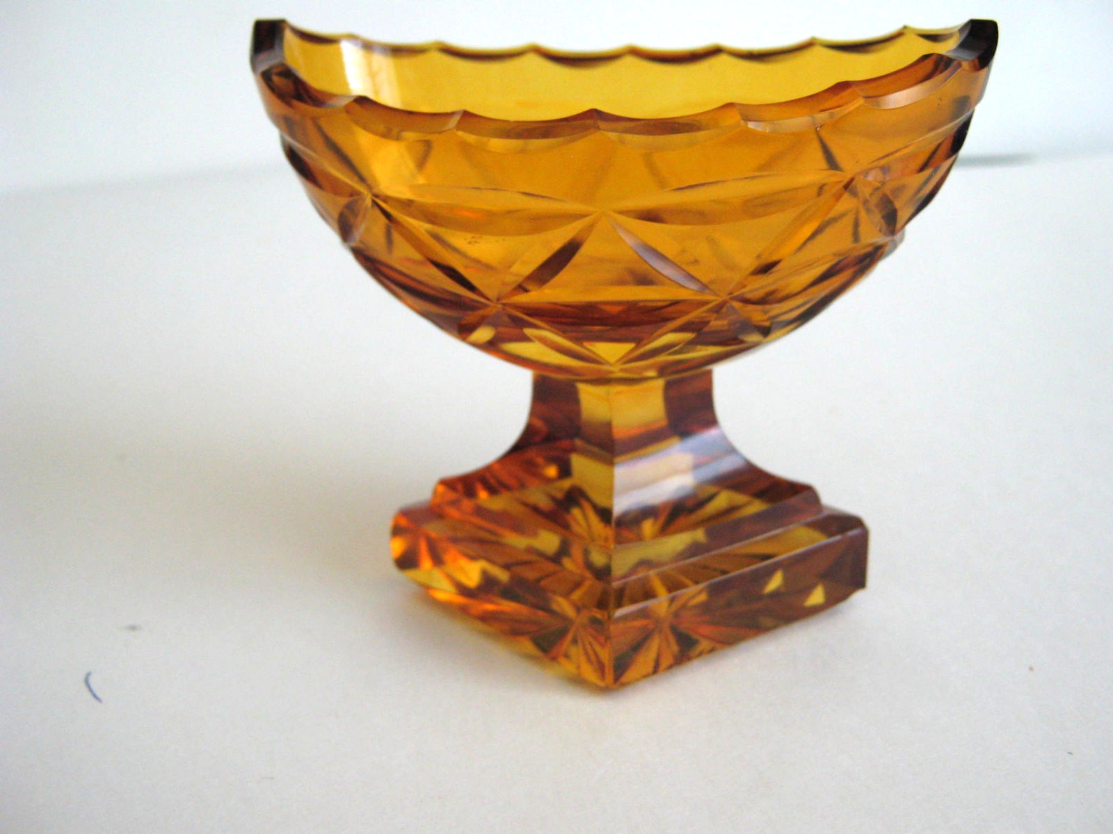 AMBER CUT GLASS OVAL BOAT SHAPED PEDESTAL OPEN SALT CELLAR w/TIERED BASE