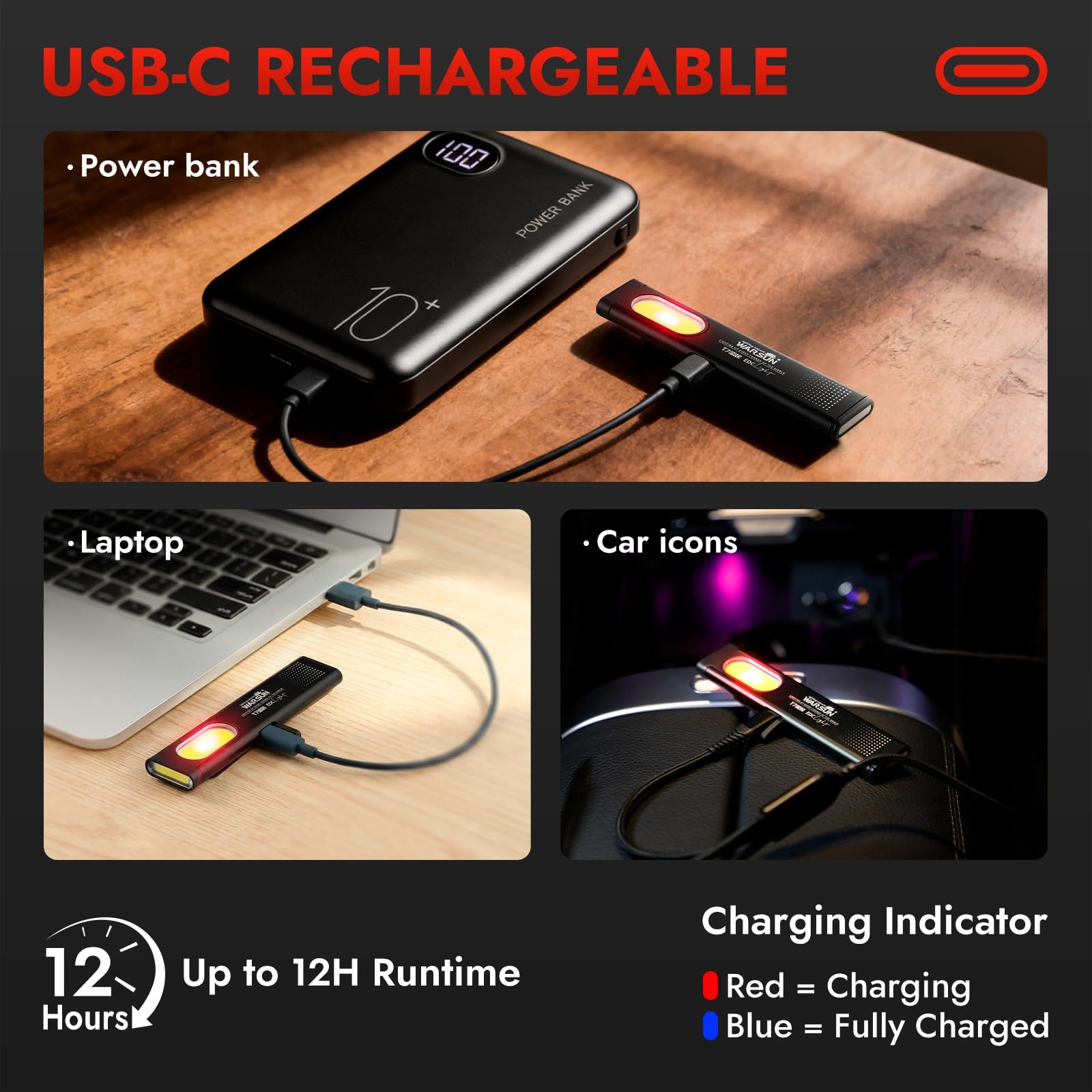 WARSUN T7 Flat Rechargeable Flashlight, Slim Pocket LED EDC Light Black-1Pcs