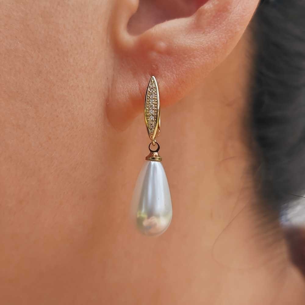 White Pearl Elegant Diamond Lever Back Dangle Drop Earrings 14K Yellow Gold Over