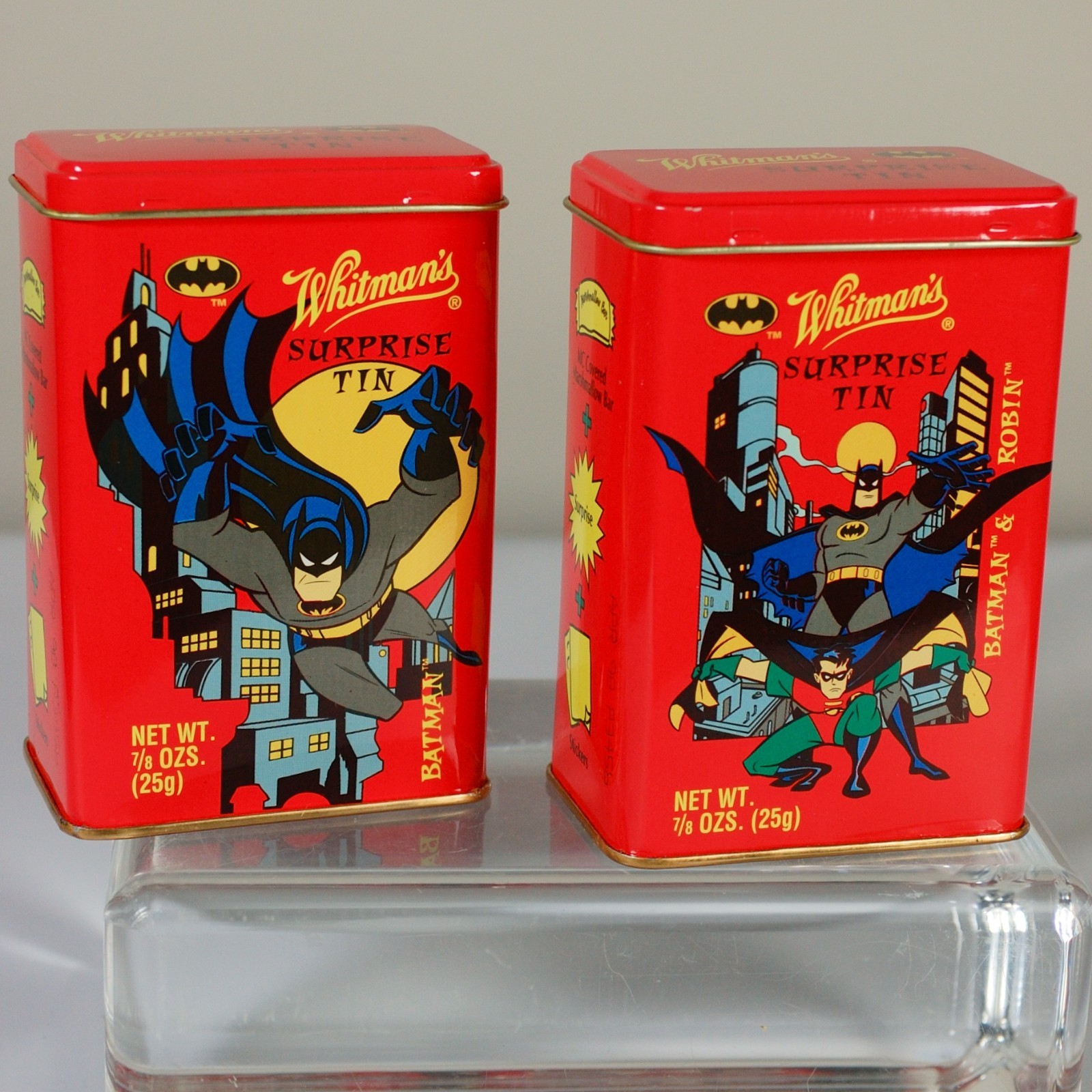 Set of 2 Vintage Whitmans Surprise Tins Batman & Robin 1997 all contents intact!