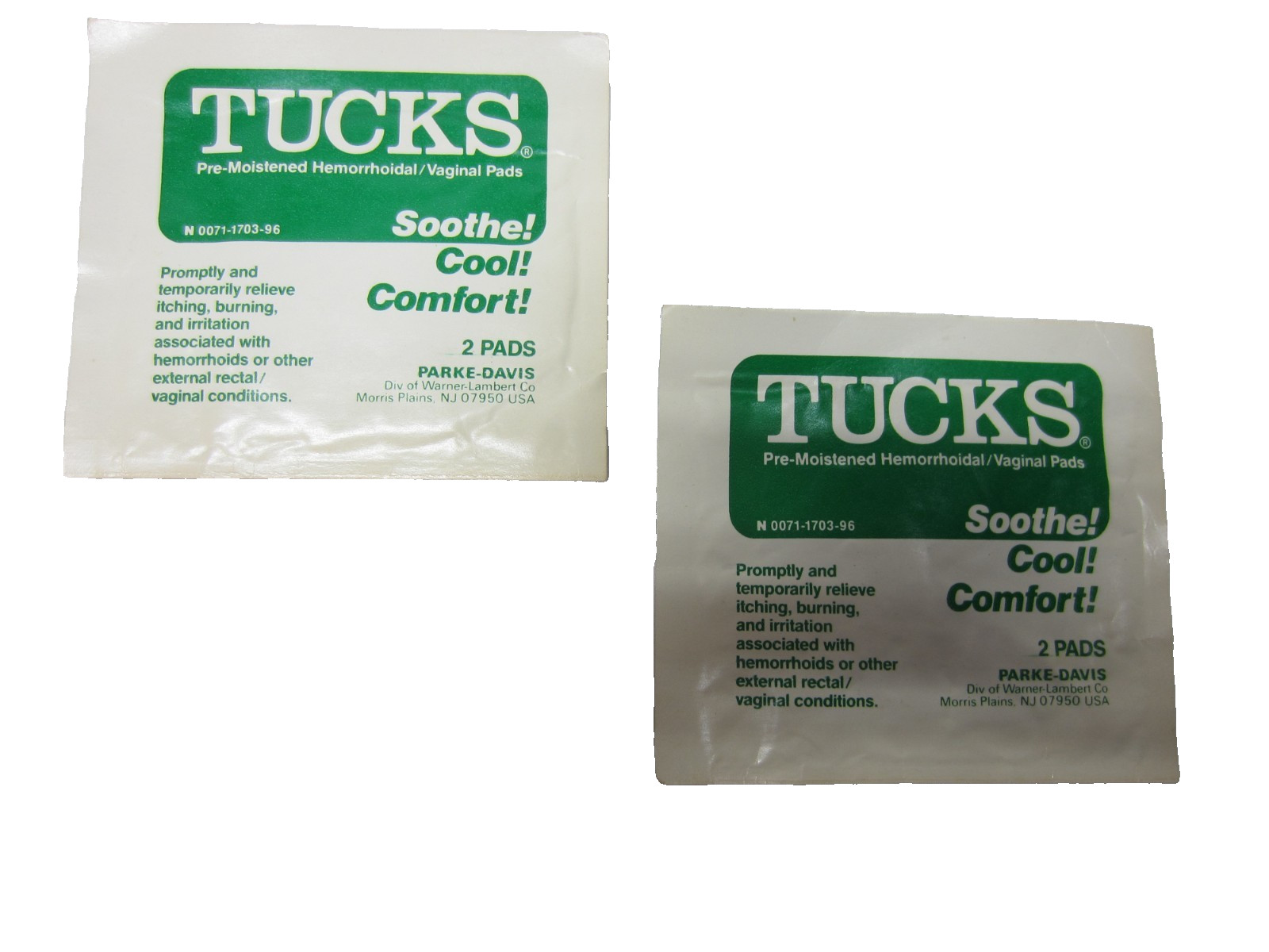 2 Vintage 1990’s Parke-Davis TUCKS Sample Packs as pictured. Measures 4″ X 4.5″