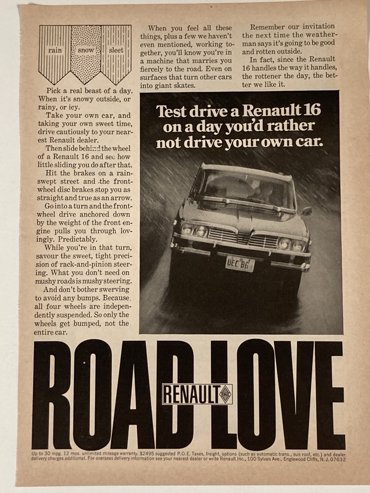 1971 Renault 16 Print Ad Road Love