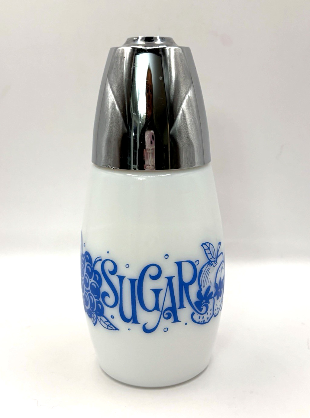 Vintage Gemco USA Milk Glass SUGAR SHAKER, Blue/White, Granny Core, 6.25″
