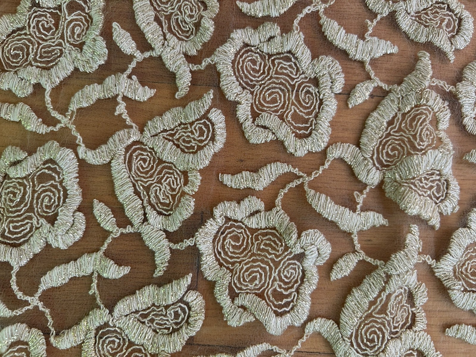 2 yards vintage gold /silver metallic embroidered sheer fabric flower 31”w