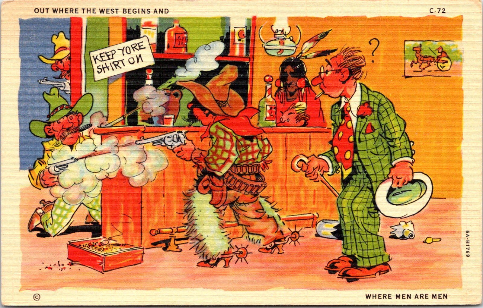 Postcard Old West Where Men Are Men Cowboys Shooting Indian Bar Humor B126