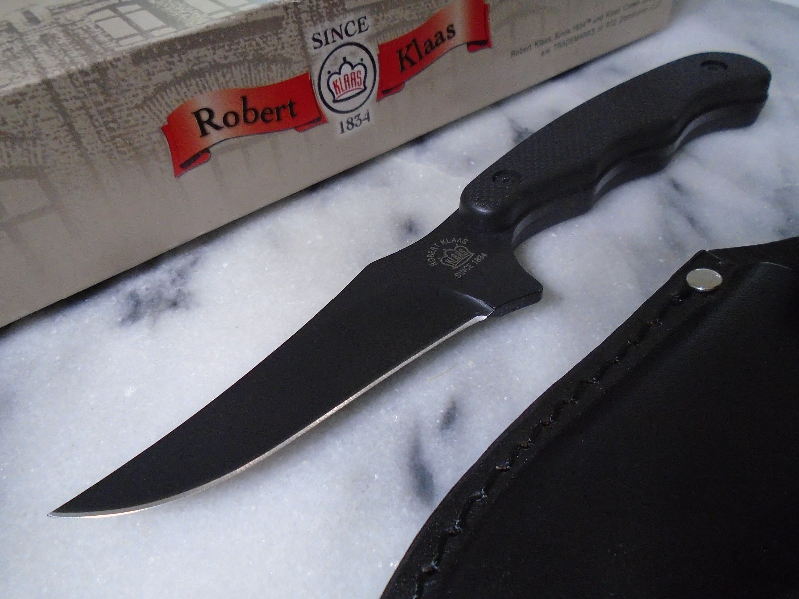 Robert Klaas Full Tang Black Skinner Hunter Fixed Blade Knife GFN Leather Sheath