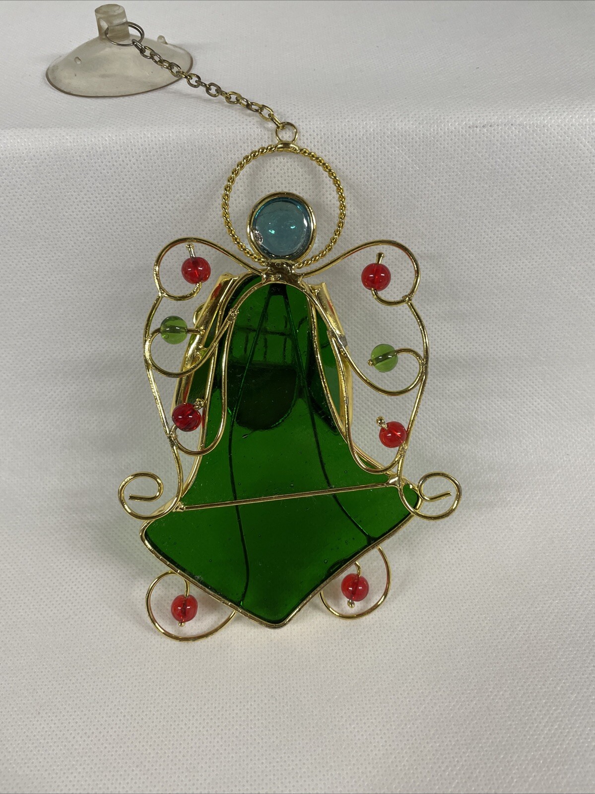 Stained Glass Christmas Angel Ornament / Sun Catcher 6” with Harp Green Red