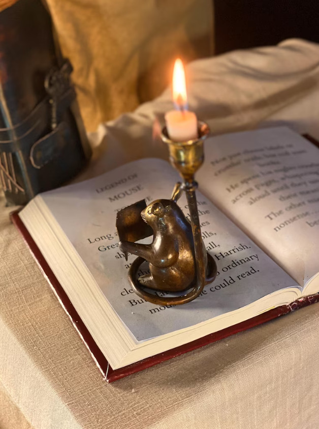 Handcrafted Brass Mouse Candle Holder – Whimsical Patina Decor Gift