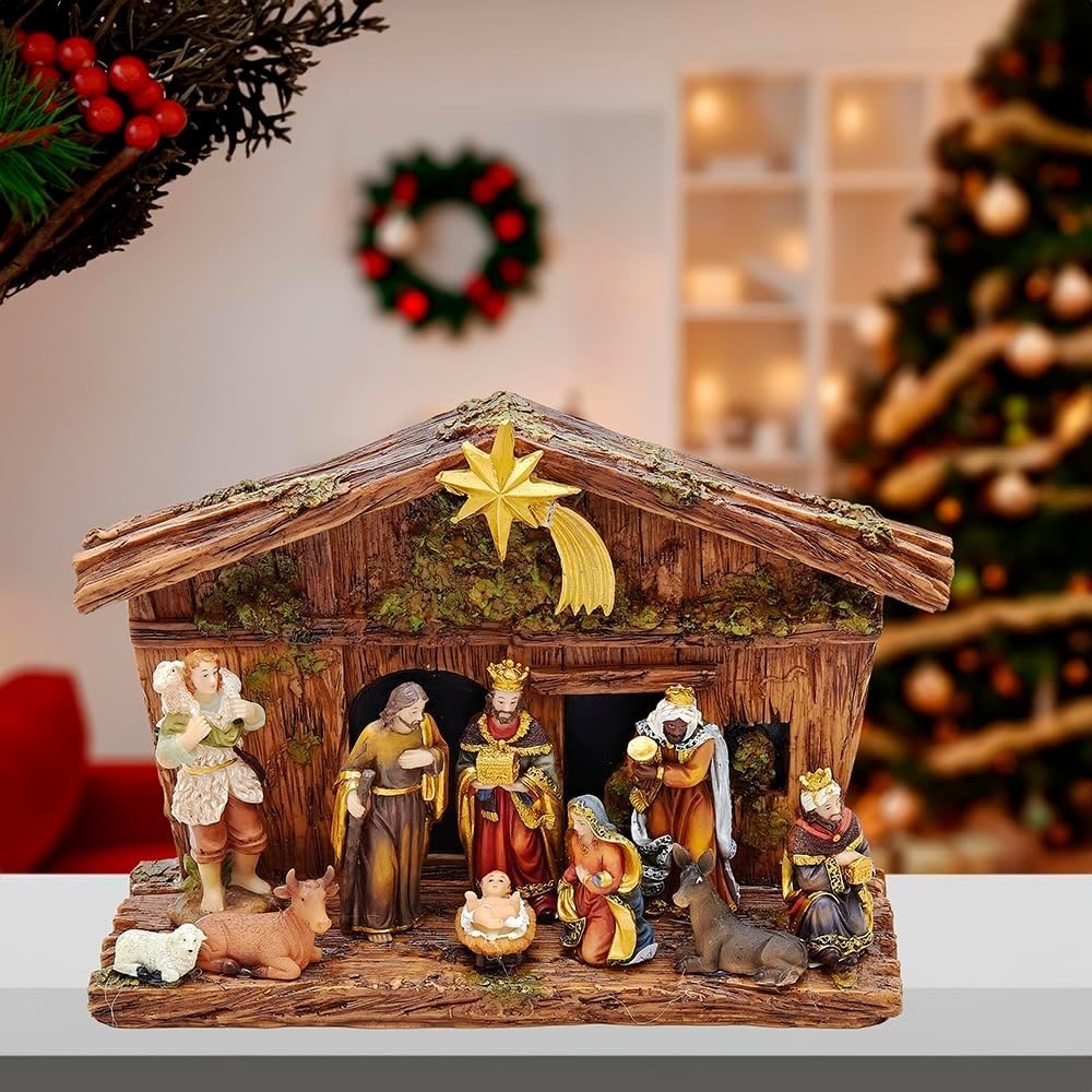 Complete 11pc Nativity Set, Multicolor Classic Style, Stable, Religious Decor