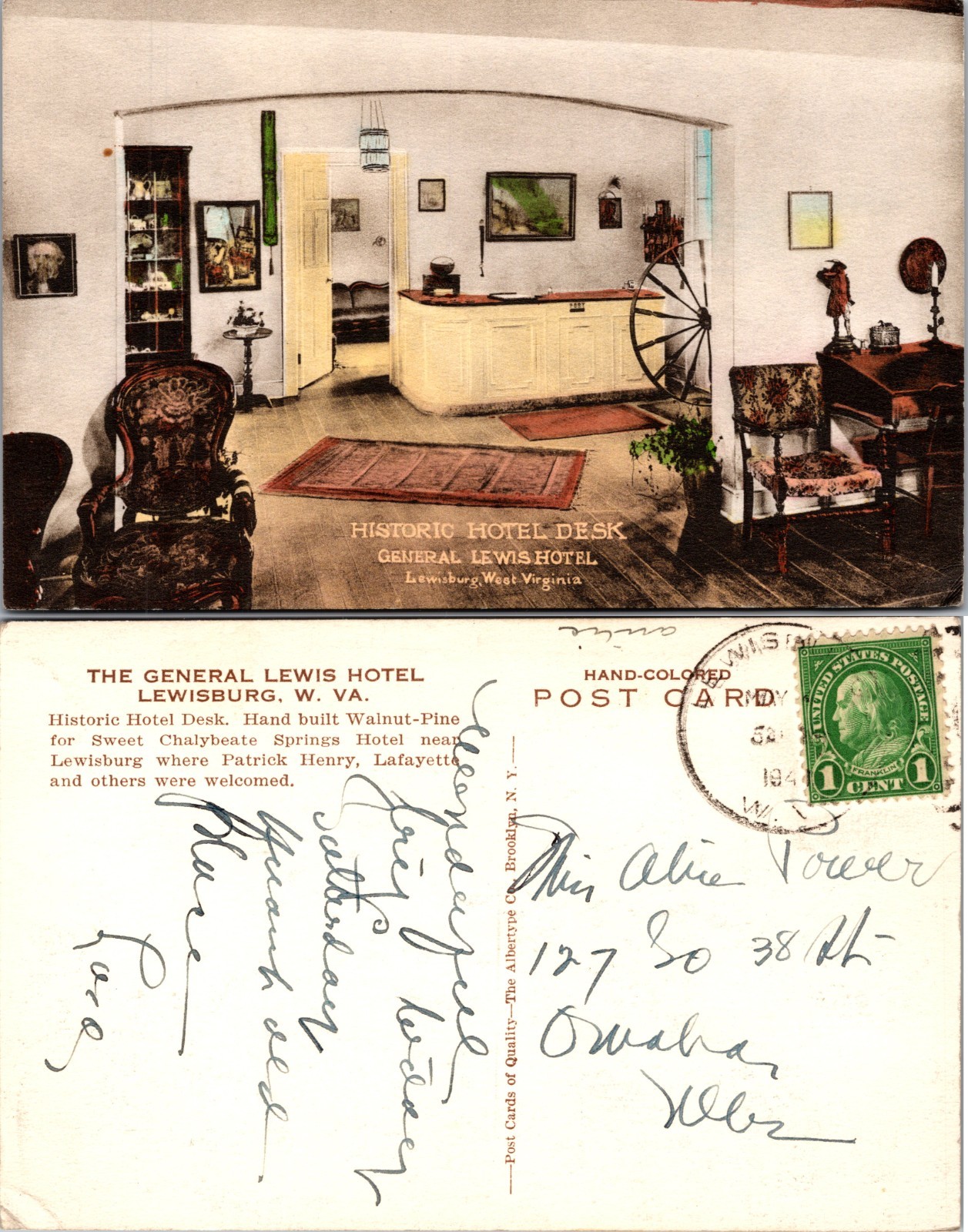 Historic Hotel Desk General Lewis Hotel Lewisburg West Virginia Postcard