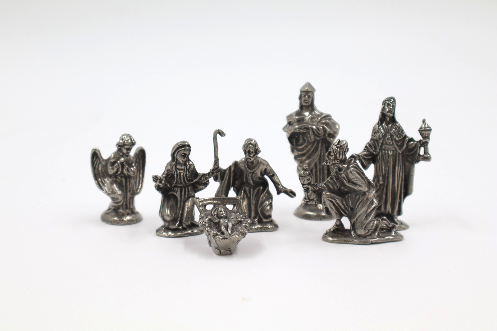 Vintage Mini Pewter Nativity Scene 7 Piece Set Tiny Metal Christmas Figures