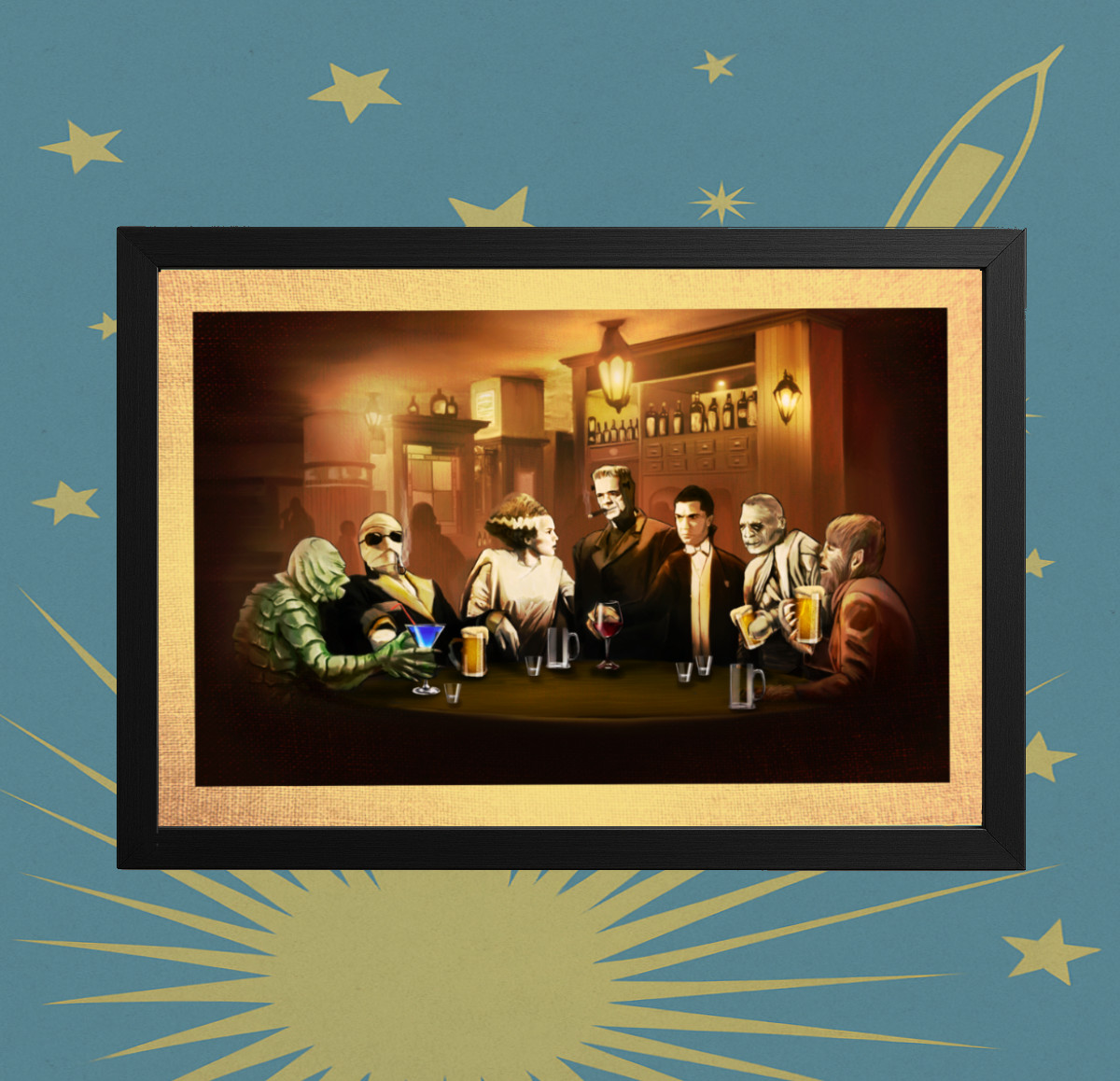 Universal Monsters at the Pub – Framed Classic Horror Wall Art Print 12×8