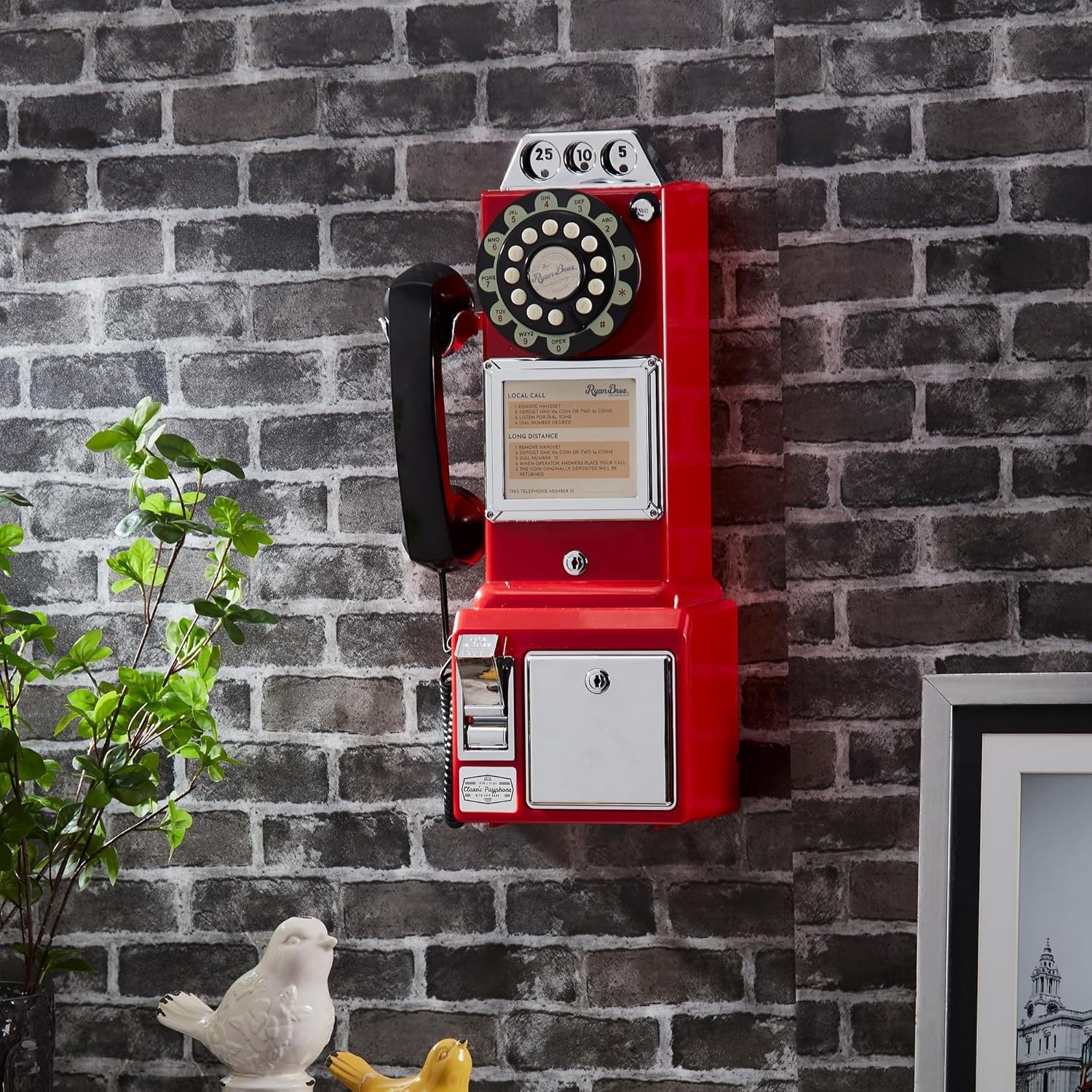 . American Retro 1950’s Payphone with Coin Bank Wall-Mount Corded Phone (Red)