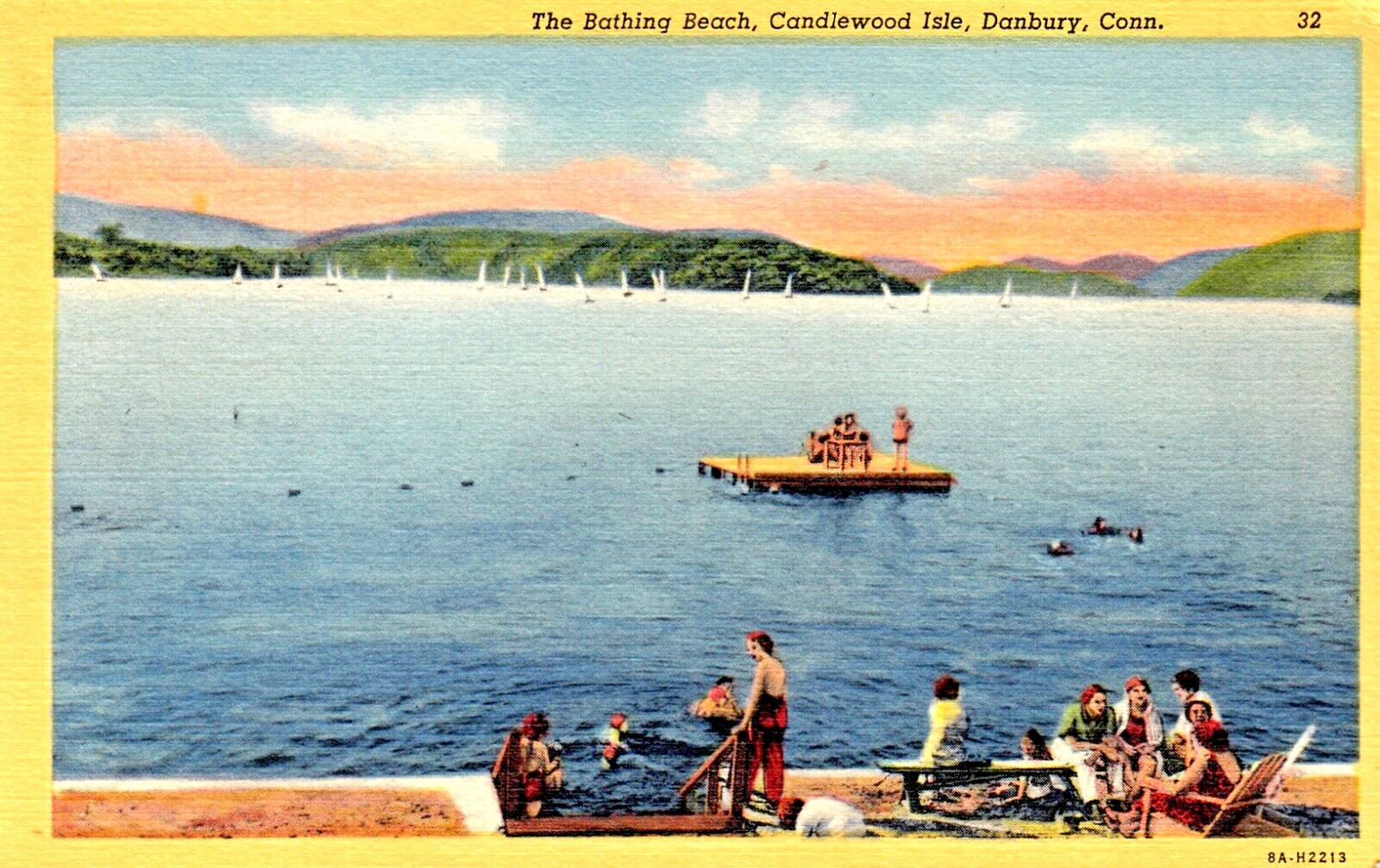Danbury CT Candlewood Isle, Lake Beach Swimmers Raft Sail Boats c1940s Postcard
