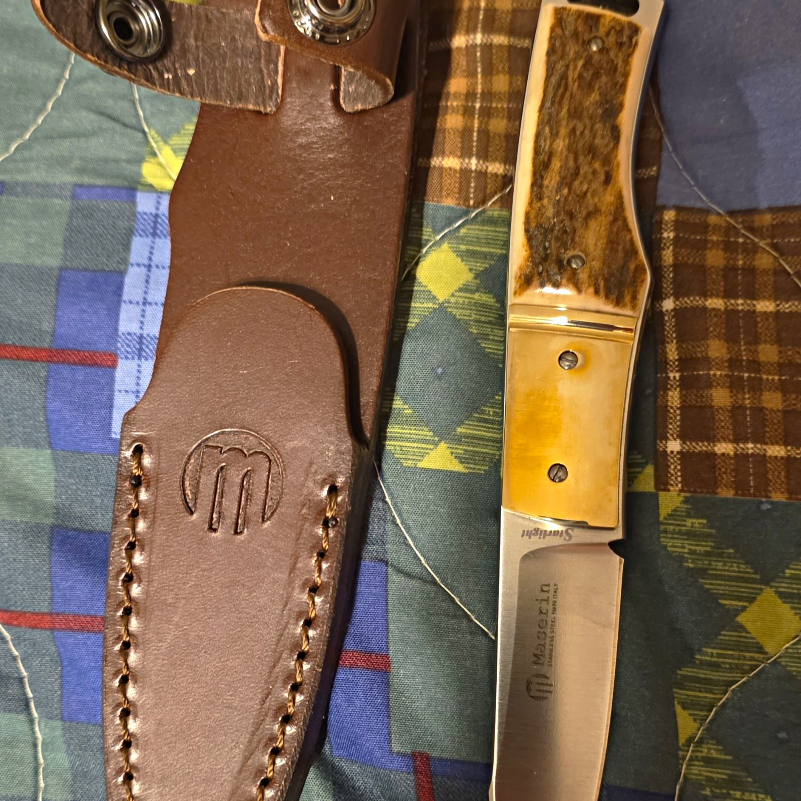 Maserin Hunting Fixed Blade Knife Drop Point Plain Edge Stag Handle Sheath
