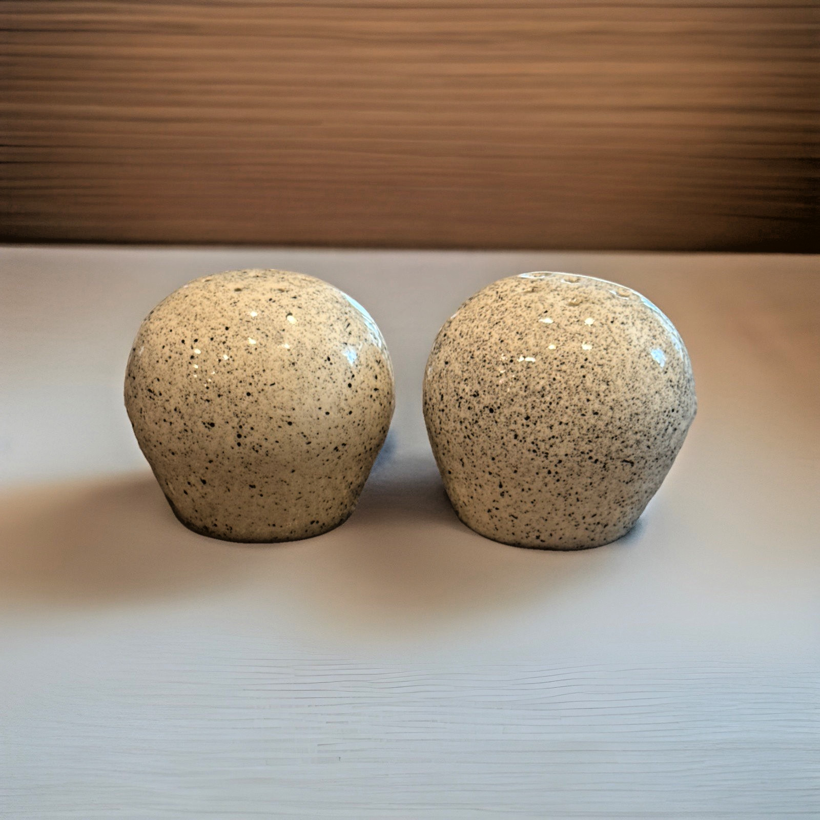 Vintage MCM Speckled Ceramic Salt Pepper Shakers Set Retro Stone Glaze Cream Tan