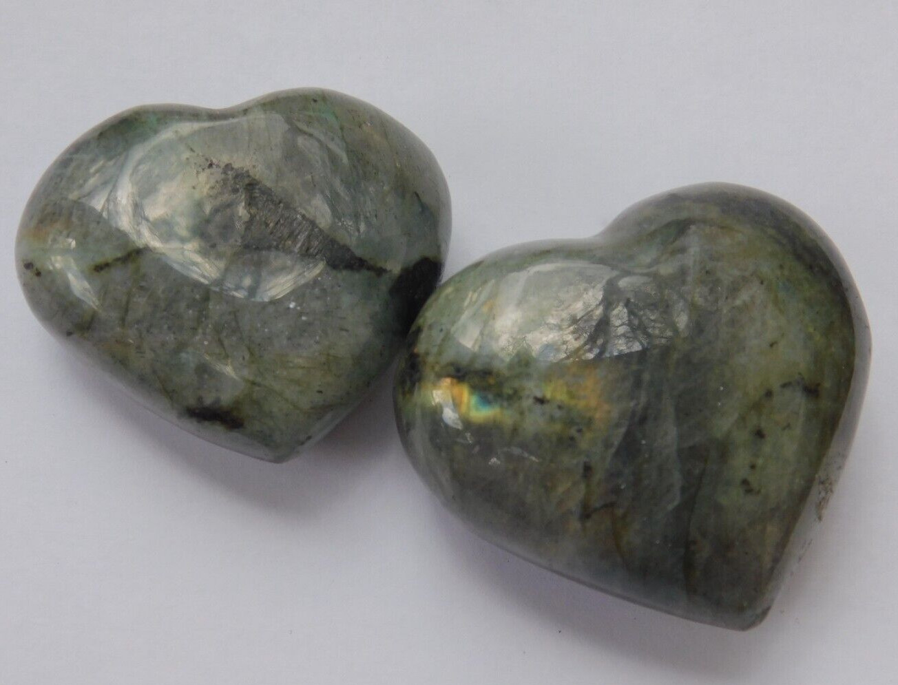 Genuine Crystals TWO Labradorite Hearts Reiki 2.8 oz / 81 grams