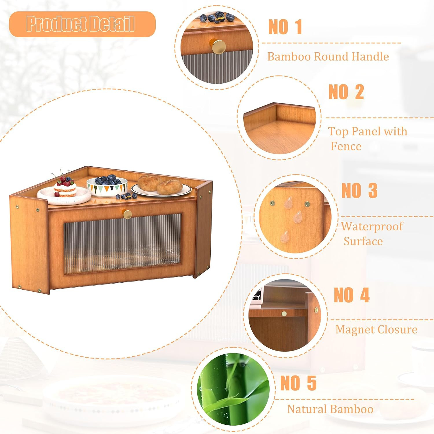 Corner Bread Box for Kitchen Countertop, Vintage Wooden Counter Organizer, Bambo