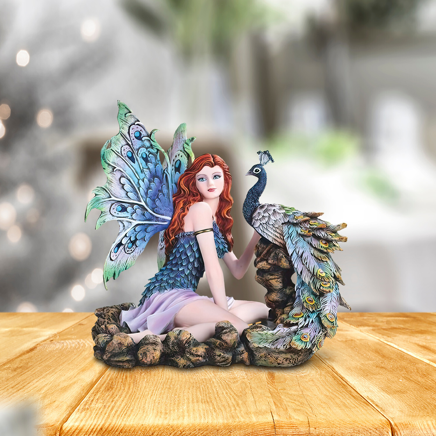 13.25″W Fairy with Peacock Statue Fantasy Decoration Figurine Room Decor