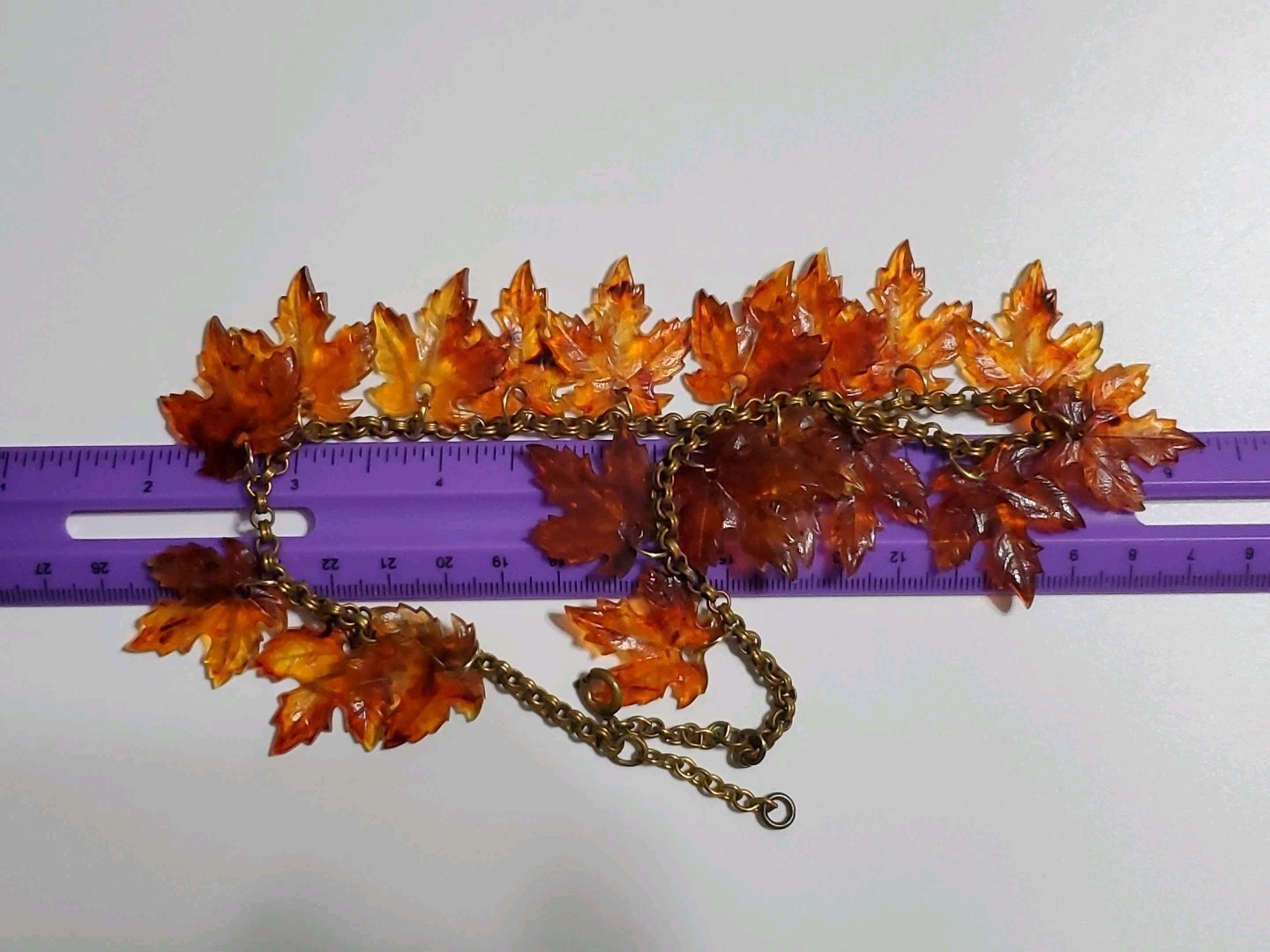 ANTIQUE VINTAGE BRASS CHAIN CELLULOID MAPLE LEAF LEAVES CHOKER NECKLACE