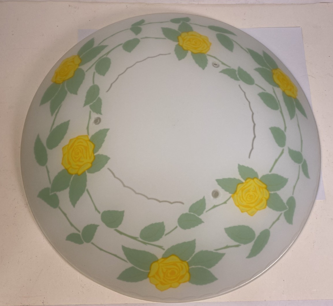 Vintage MCM Frosted Textured Yellow Floral Roses Light Fixture Ceiling Shade 13″