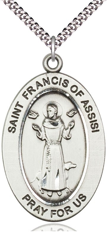 St Francis of Assisi Sterling Medal 1″ High on a 24″ Endless Rhodium Curb Chain