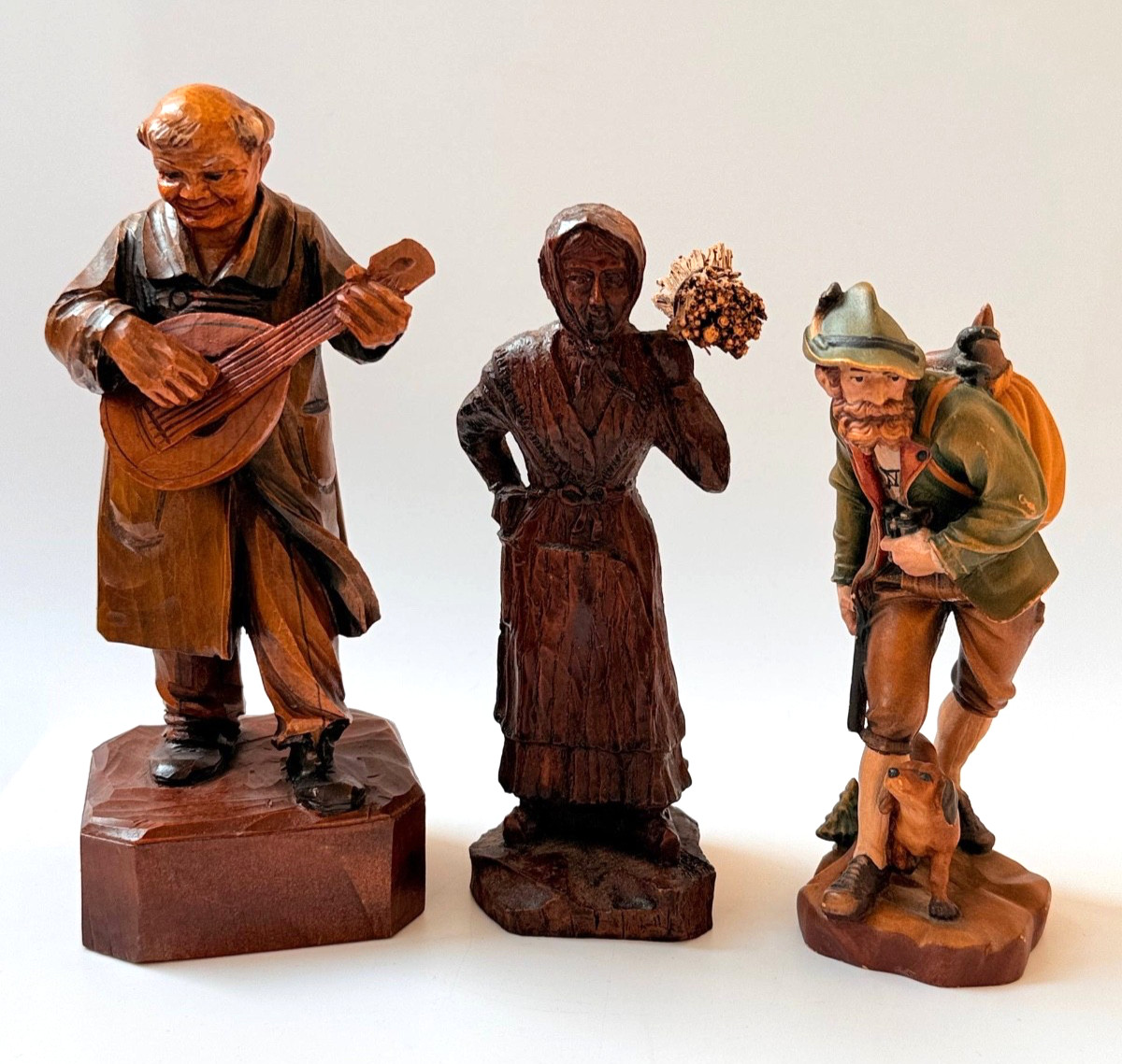 3 Vintage Black Forest Wood Carvings Lot: Alpine Hunter with Dog, Lute Musician