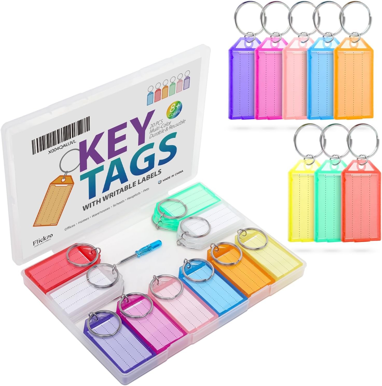 20 Pack Plastic Key Tags with Labels and Rings, 9 Colors (8 Bright + 1 Clear) Ke