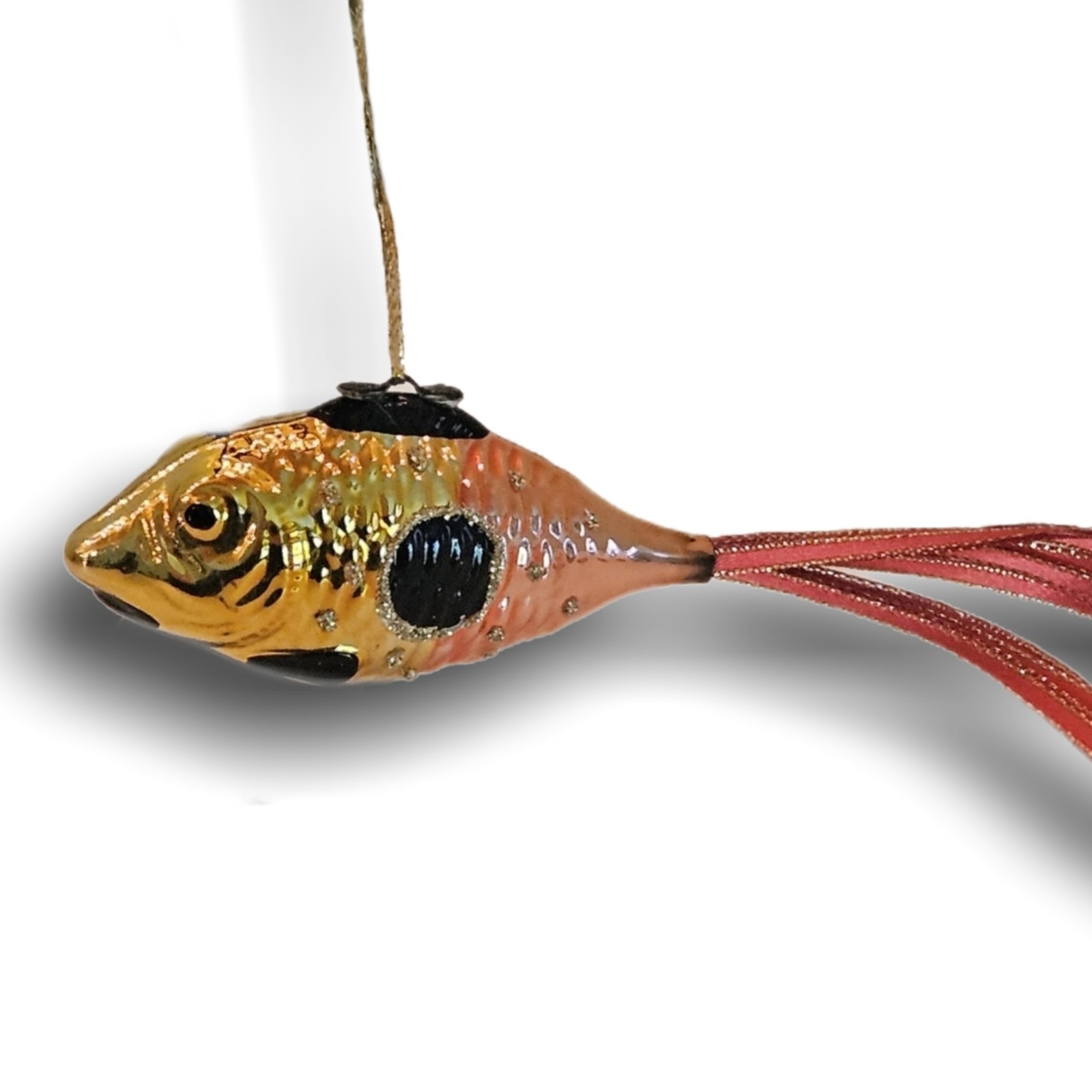 Vintage Orange Yellow Black Glass Fish Ornament with Ribbons as Tail Glitter