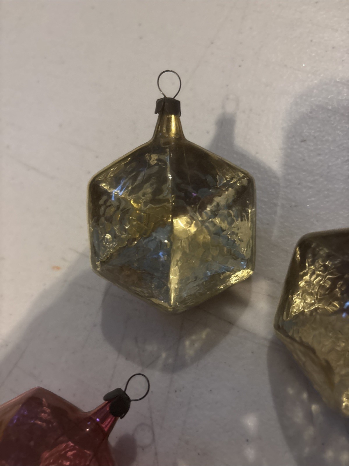 Set of 6 Vtg Ice Glass Geometric Hexagon Russian Christmas Ornaments ~3” Approx