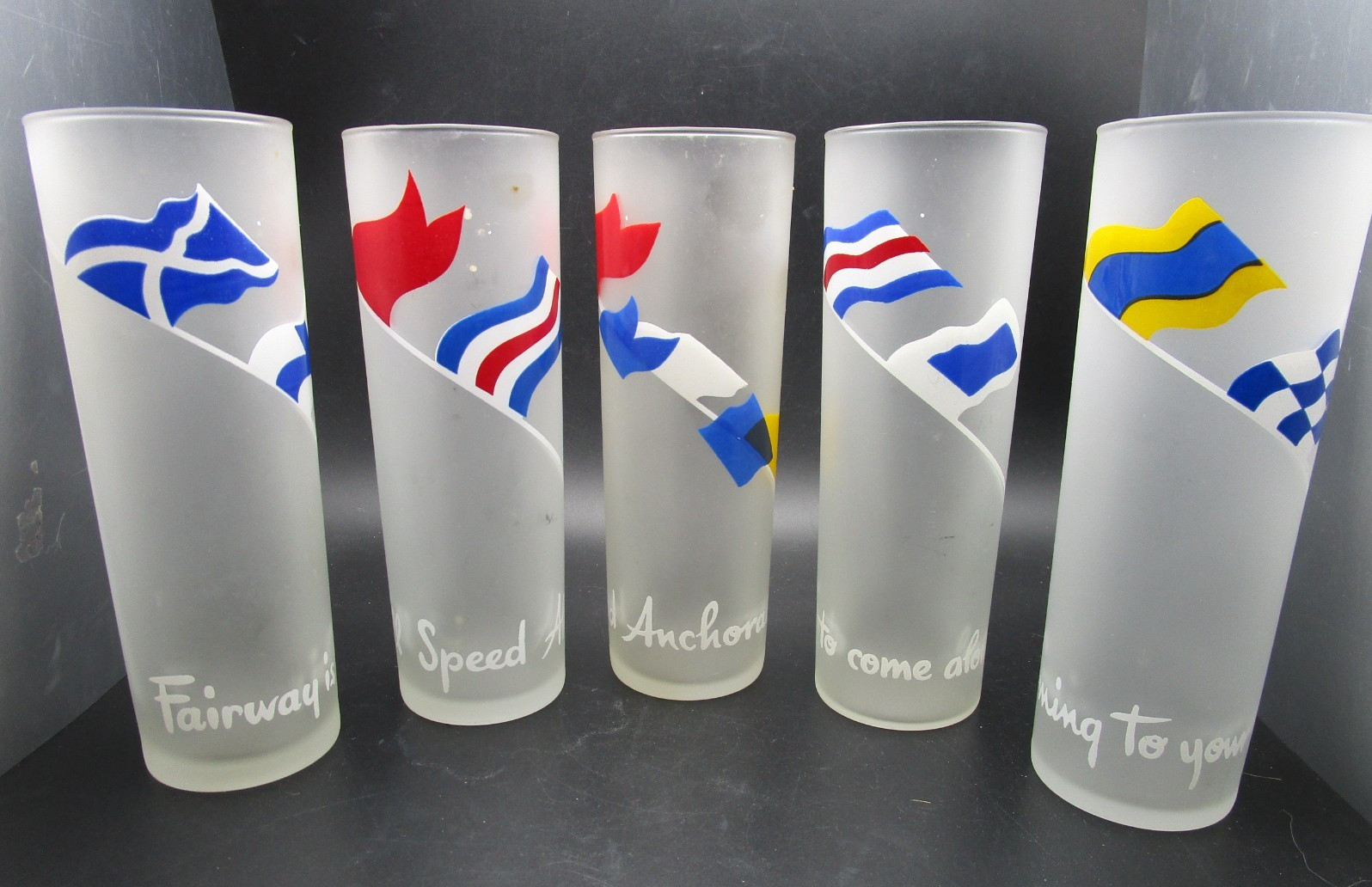 5 Libbey Nautical Signal Flags Tom Collins Highball Anchors Aweigh Glasses