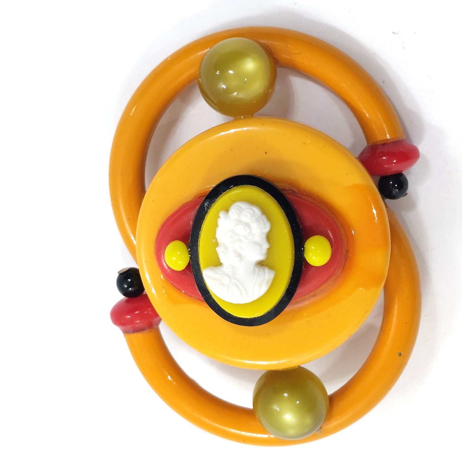 Vintage Resin Plastic Cameo Brooch Pin Orange Rings Multicolor Beads Layered