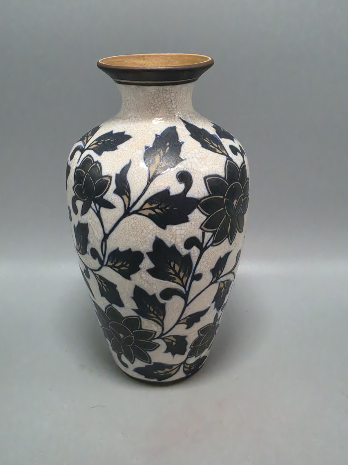 Vintage Chinese Sgraffito Stoneware Vase Black White WIth Hints of Blue