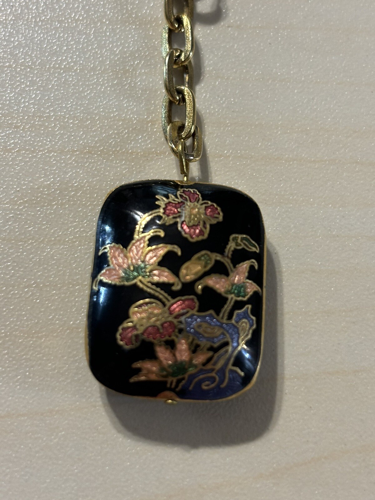 Vintage Cloisonne Rectangle Flowers Keychain Goldtone Black Enamel Inlay Keyring
